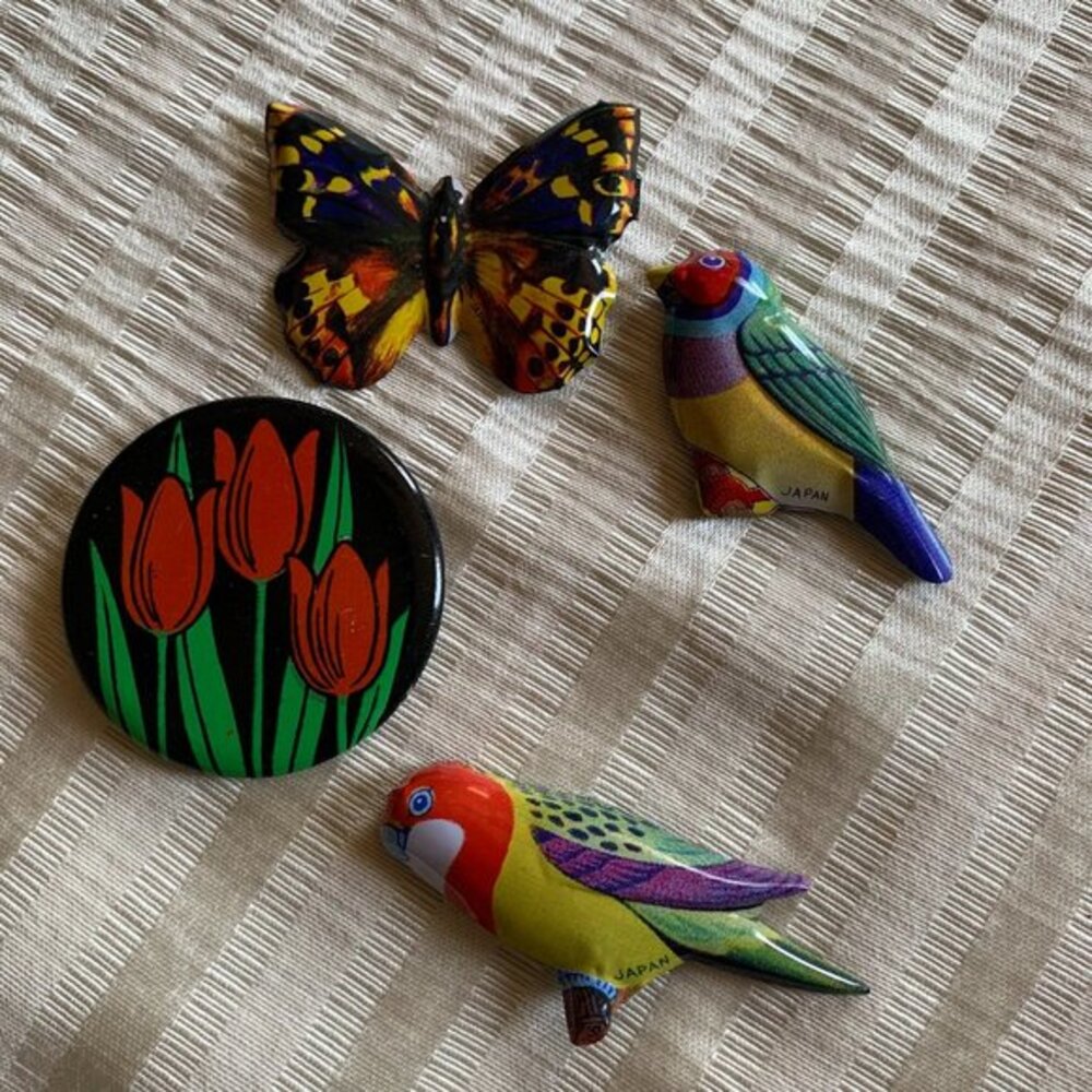 Vintage Lot of‎ 4 Tin Enamel Brooch Pins Japan USSR Butterfly Birds Tulips